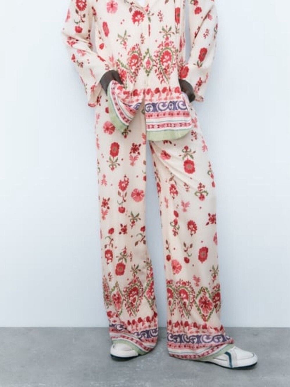 Zara Floral Wide Leg Boho Pants Women’s Pink White Size Large